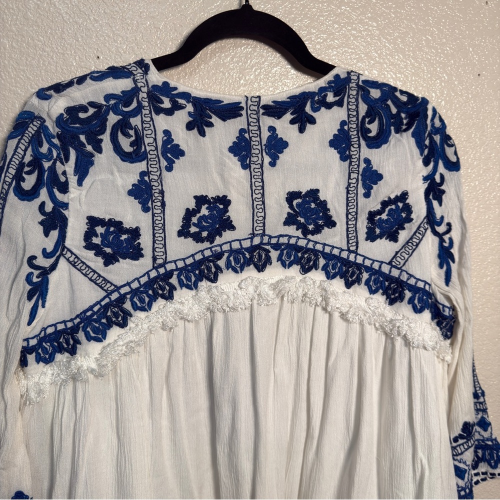 Zara Blue and Cream Boho Embroidered Blouse Jacket Size Small - Picture 11 of 15